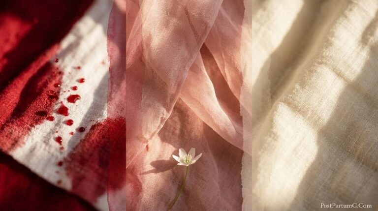 Three stages of lochia postpartum bleeding shown as crimson pink and white color transition on soft linen fabric