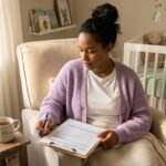 New mother sitting in soft morning light holding PHQ-9 depression screening questionnaire with gentle expression showing vulnerability and hope for postpartum mental health