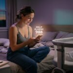 Mother reaching for postpartum crisis intervention support through emergency hotline at night