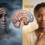 A mother's face showing transformation from distressed expression (left side, darker tones) to peaceful, healed expression (right side, lighter tones) with nervous system visualization in the center showing before/after activation patterns