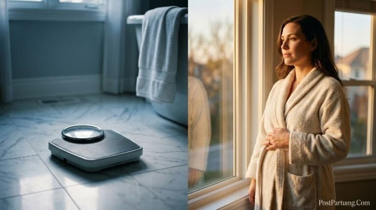 Confident postpartum mother standing at window while bathroom scale sits in shadow — understanding why baby weight stays
