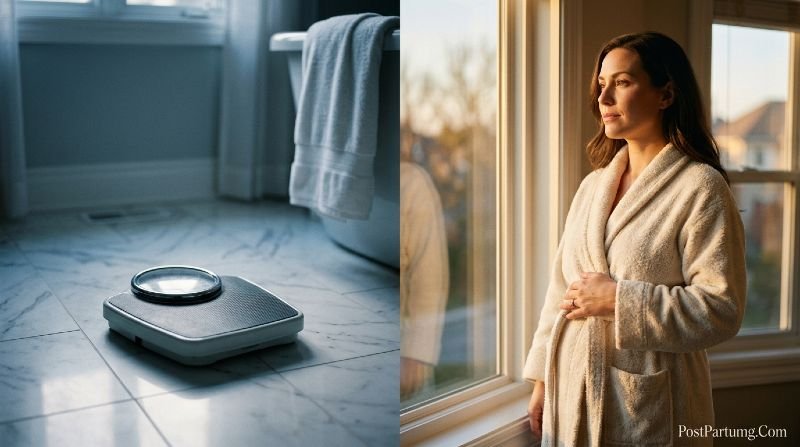 Confident postpartum mother standing at window while bathroom scale sits in shadow — understanding why baby weight stays