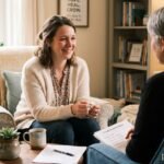 Modern mother experiencing breakthrough moment during postpartum depression therapy session with compassionate therapist