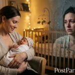 Mother holding newborn while cracked mirror reflection shows emotional struggle
