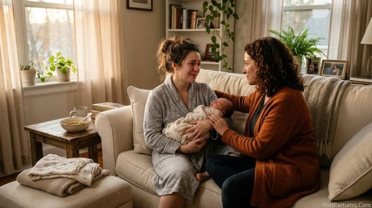 postpartum doula benefits — doula supporting exhausted new mother at home