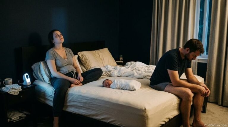 New parents sitting apart on a bed at night, baby between them, navigating relationship changes after baby
