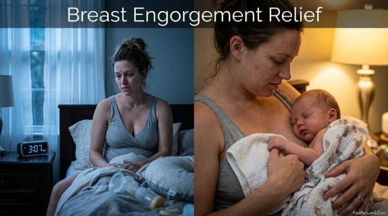 Exhausted new mother finding relief from breast engorgement at 3AM while holding sleeping newborn — PostPartumG.Com