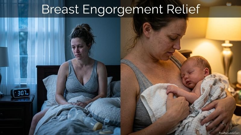 Exhausted new mother finding relief from breast engorgement at 3AM while holding sleeping newborn — PostPartumG.Com
