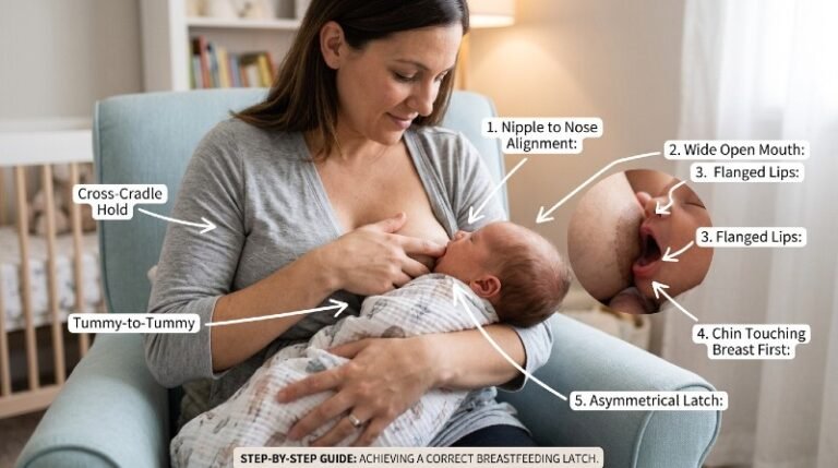 breastfeeding latch guide showing mother holding newborn in correct position at breast