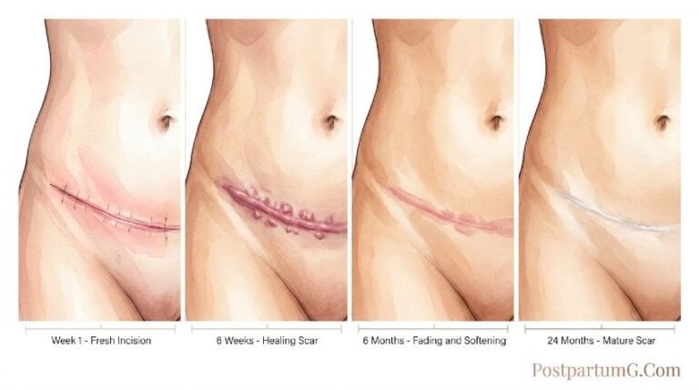 C-section scar healing stages from fresh incision to fully healed with timeline markers showing 2-year recovery process