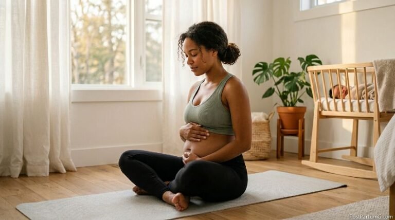 A postpartum mother in soft morning light gently examining her abdomen with both hands while sitting cross-legged on a minimalist yoga mat, wearing a sage green sports bra and high-waisted leggings, surrounded by a peaceful home environment with a sleeping newborn visible in a bassinet in the soft-focus background, symbolizing healing and self-care
