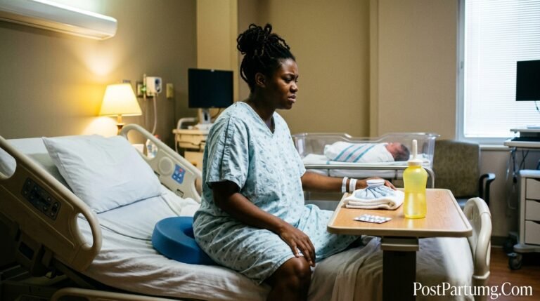 New mother in early episiotomy recovery sitting carefully on donut cushion with peri bottle and ice pack beside her in hospital room
