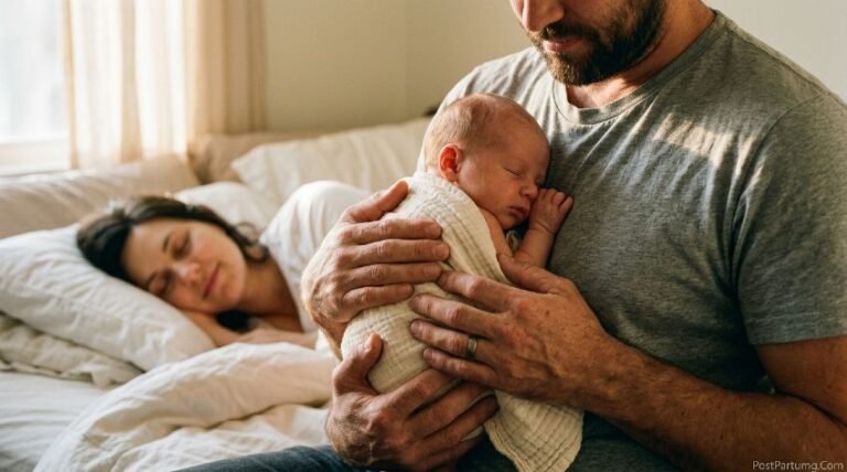 Father holding newborn providing partner support postpartum while mother rests peacefully