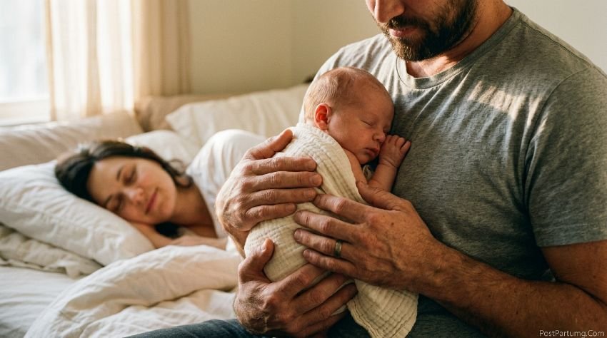Father holding newborn providing partner support postpartum while mother rests peacefully
