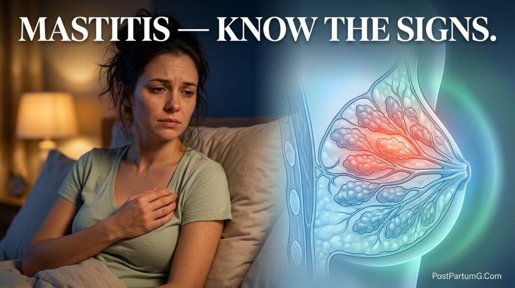 Breastfeeding mother experiencing mastitis symptoms with breast inflammation illustration