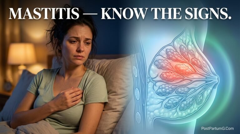 Breastfeeding mother experiencing mastitis symptoms with breast inflammation illustration