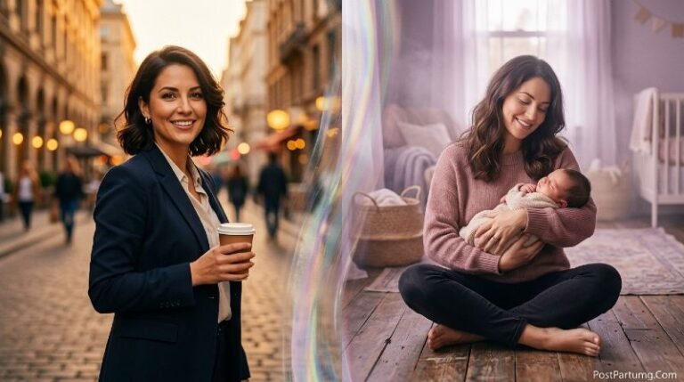 Matrescence identity shift showing a woman's transformation from her former self to becoming a mother side by side portrait