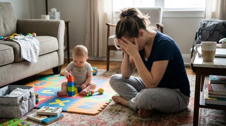 new mom burnout signs — exhausted mother sitting on floor with head in hands while baby plays nearby
