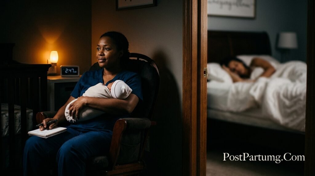 Professional newborn care specialist cradling sleeping infant during overnight shift while exhausted mother sleeps peacefully in background