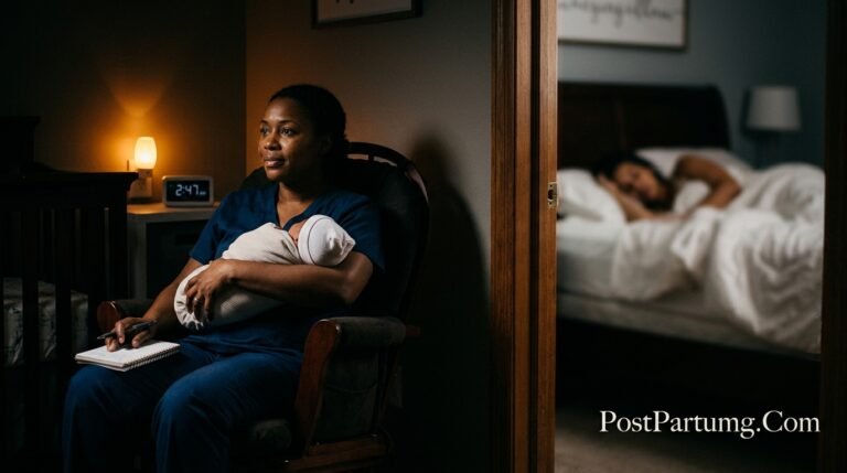 Professional newborn care specialist cradling sleeping infant during overnight shift while exhausted mother sleeps peacefully in background