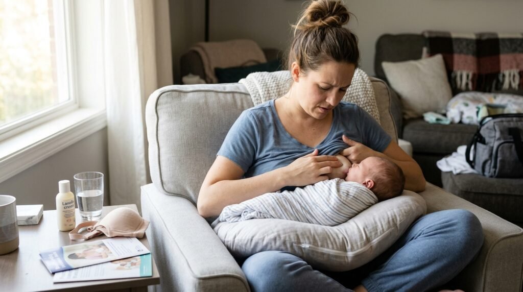Woman experiencing nipple pain breastfeeding, examining white painful nipples during postpartum recovery