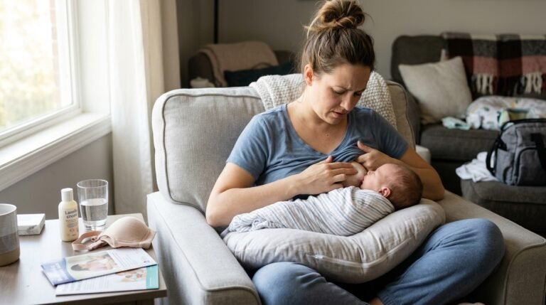 Woman experiencing nipple pain breastfeeding, examining white painful nipples during postpartum recovery