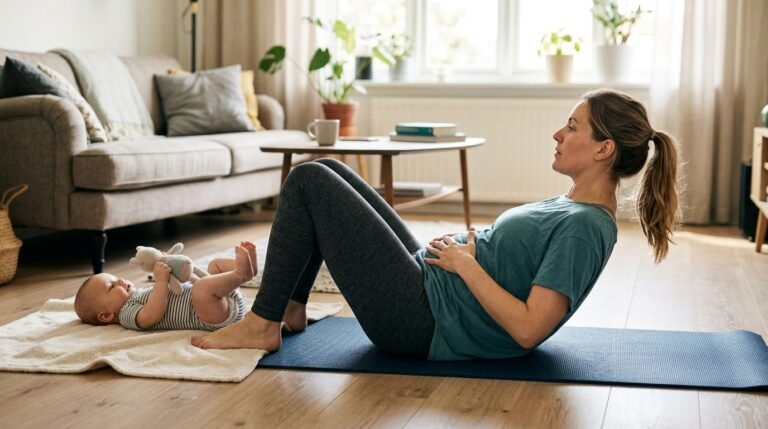 pelvic floor recovery postpartum — woman doing gentle exercises on yoga mat at home with baby nearby