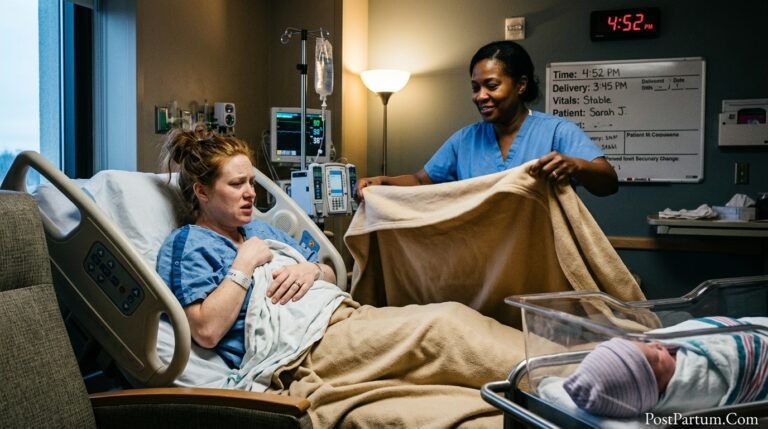 New mother shivering with postpartum chills in hospital bed wrapped in warm blanket immediately after delivery while nurse provides reassurance