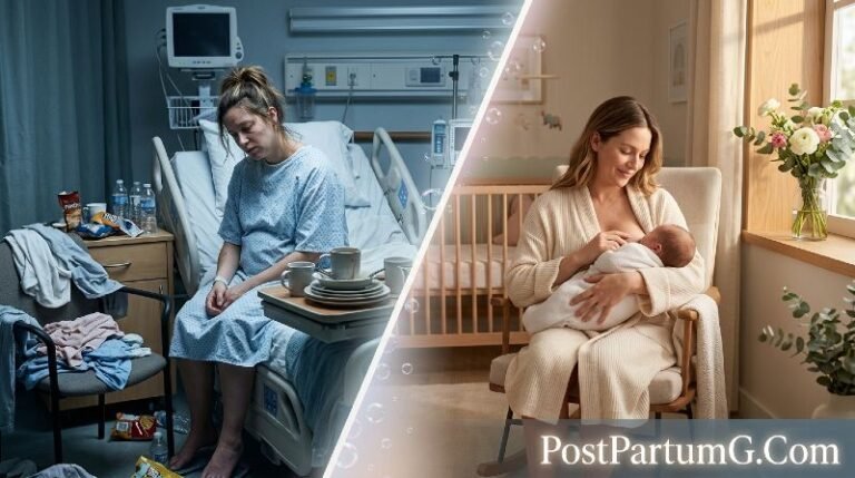 Split scene showing overwhelmed new mother versus calm resting mother after postpartum cleaning service support