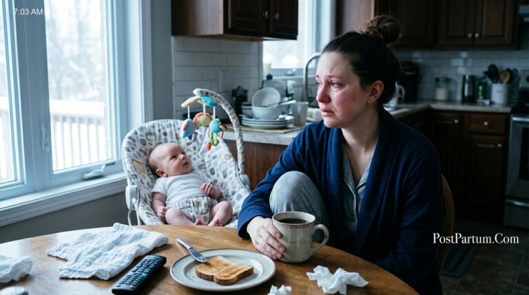 New mother crying at kitchen table with cold cup of coffee in early postpartum days experiencing baby blues hormonal tearfulness with newborn nearby
