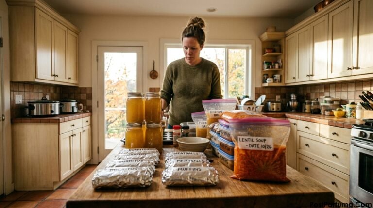 Pregnant woman organizing labeled postpartum freezer meals in third trimester kitchen meal prep session