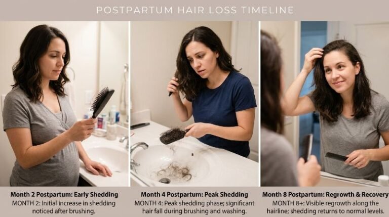 postpartum hair loss timeline showing woman brushing hair with visible shedding