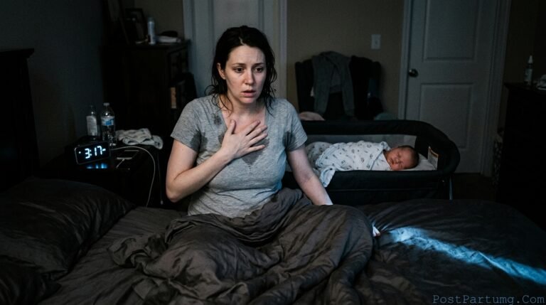 New mother experiencing postpartum hot flash at 3am sitting up in soaked sheets with newborn sleeping beside her