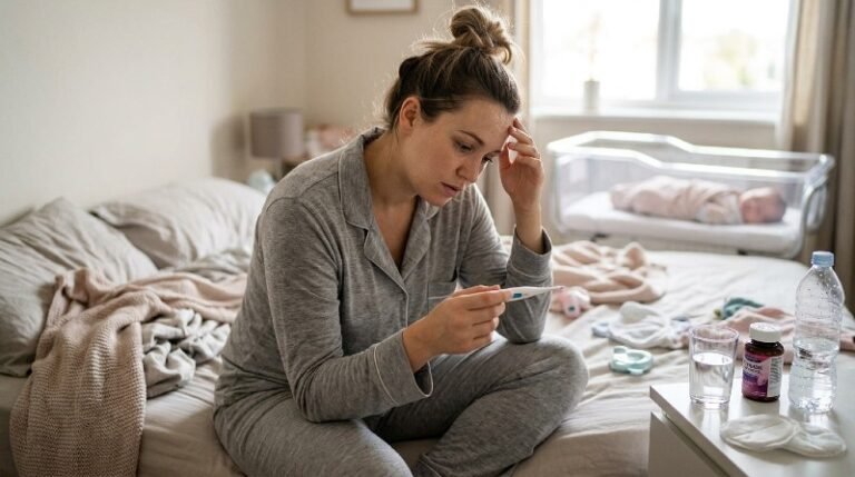 postpartum infection symptoms new mother checking temperature at home
