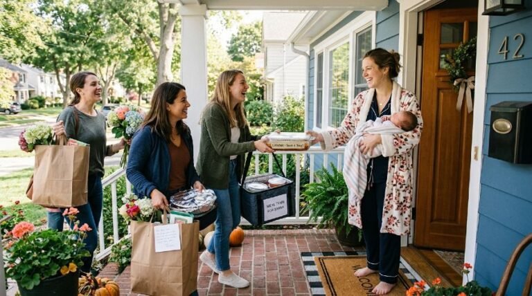 postpartum meal train friends delivering home-cooked food to new mother at front door