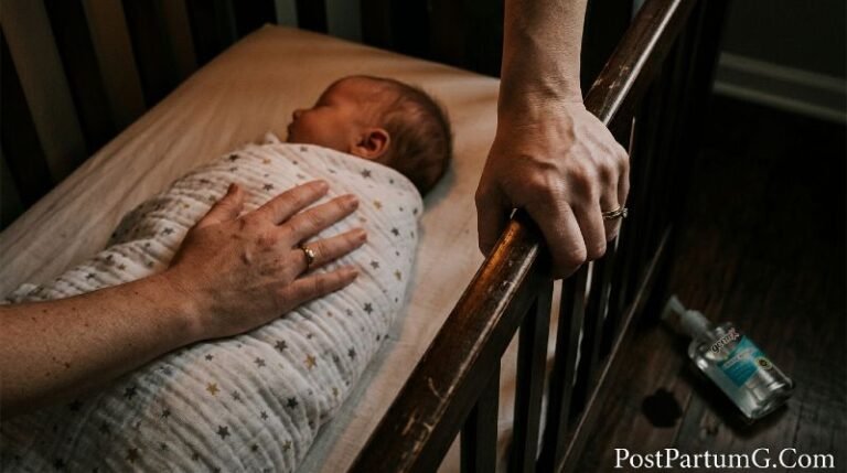 Mother with postpartum OCD checking sleeping baby's breathing at night, hands gripping crib rail