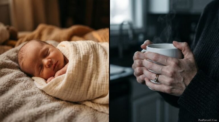 Postpartum rage symptoms shown through contrast of sleeping newborn and tense mother's hands gripping coffee mug