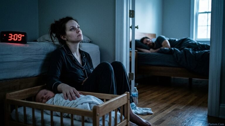 Exhausted new mother sitting alone in dark nursery at 3am feeling postpartum resentment while partner sleeps in background