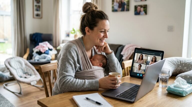 postpartum support groups online — mother smiling while connecting with other moms on laptop