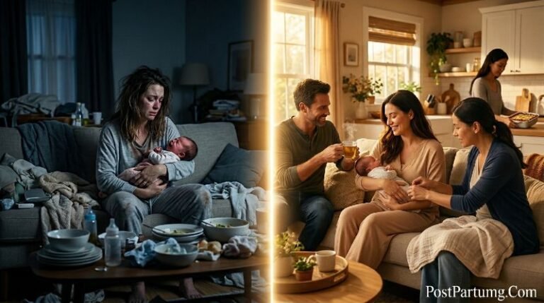 New mother experiencing the difference between no postpartum support and a complete postpartum support system at home
