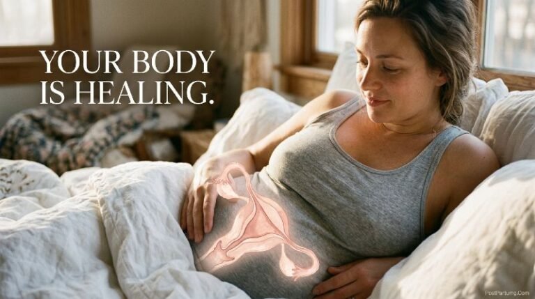 Postpartum uterus shrinking after birth — cinematic editorial featuring uterine involution watercolor overlay on new mother