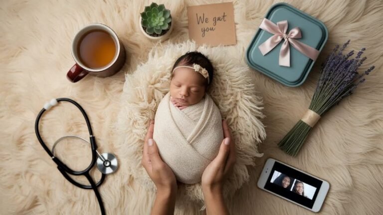 Overhead flat-lay of a mother holding her newborn surrounded by symbolic items representing postpartum village support