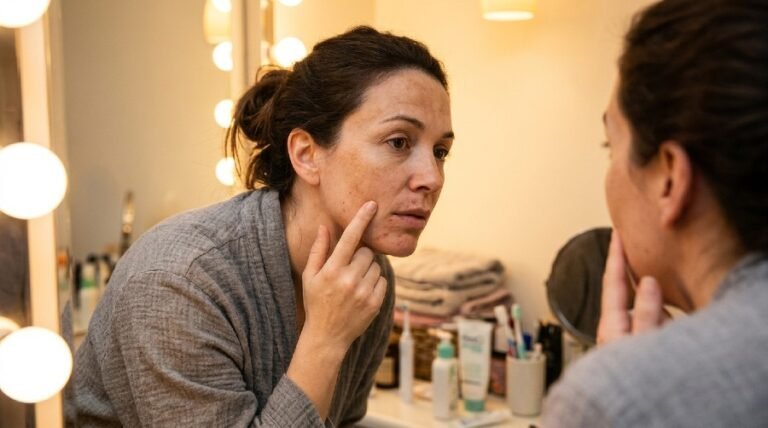 skin changes after pregnancy showing close-up of woman examining her face in mirror with warm lighting