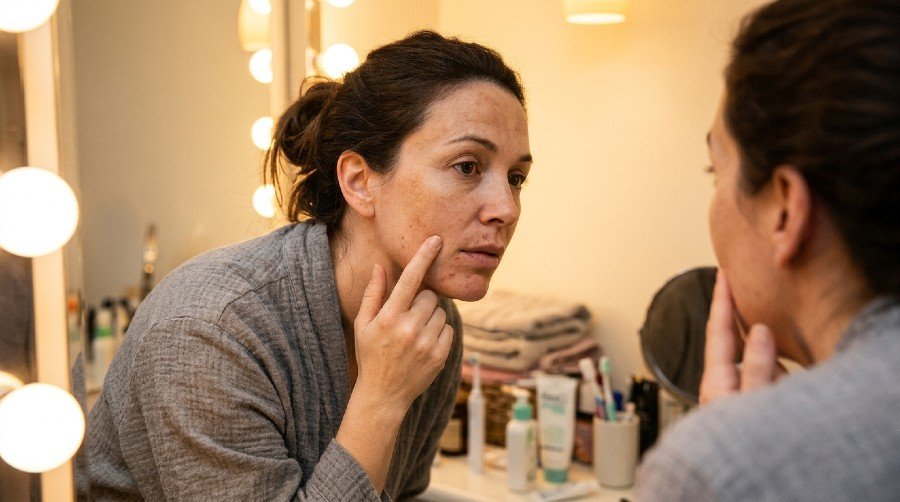 skin changes after pregnancy showing close-up of woman examining her face in mirror with warm lighting