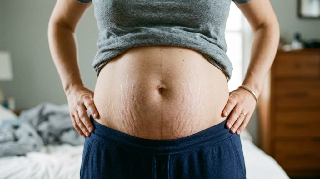 stretch marks after pregnancy on woman's abdomen with natural skin texture