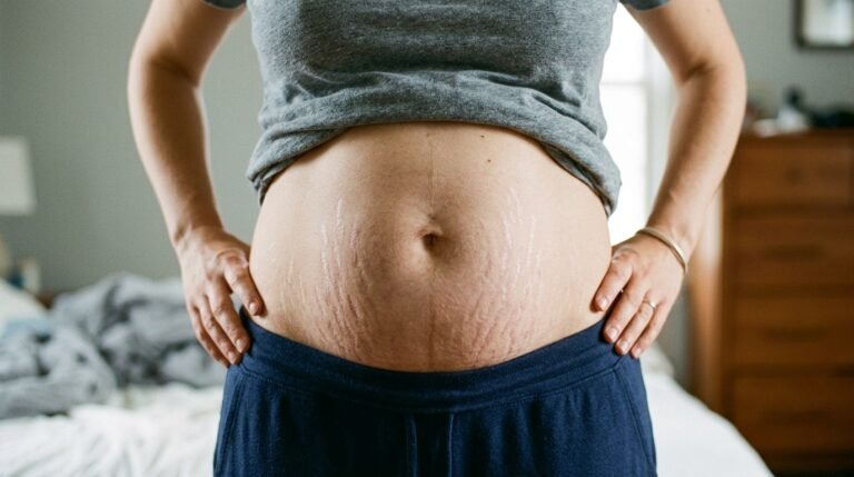 stretch marks after pregnancy on woman's abdomen with natural skin texture