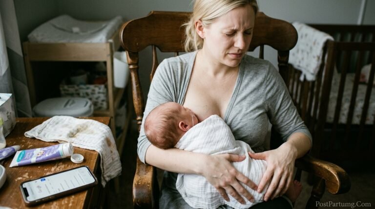 Exhausted breastfeeding mother experiencing nipple pain and latch difficulty with newborn possibly caused by tongue tie ankyloglossia