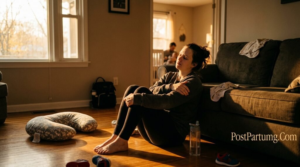 Exhausted postpartum mother reaching her sensory limit after full day of breastfeeding babywearing and toddler contact sitting alone with eyes closed needing physical space