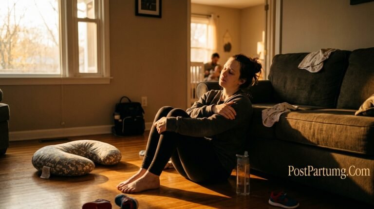 Exhausted postpartum mother reaching her sensory limit after full day of breastfeeding babywearing and toddler contact sitting alone with eyes closed needing physical space