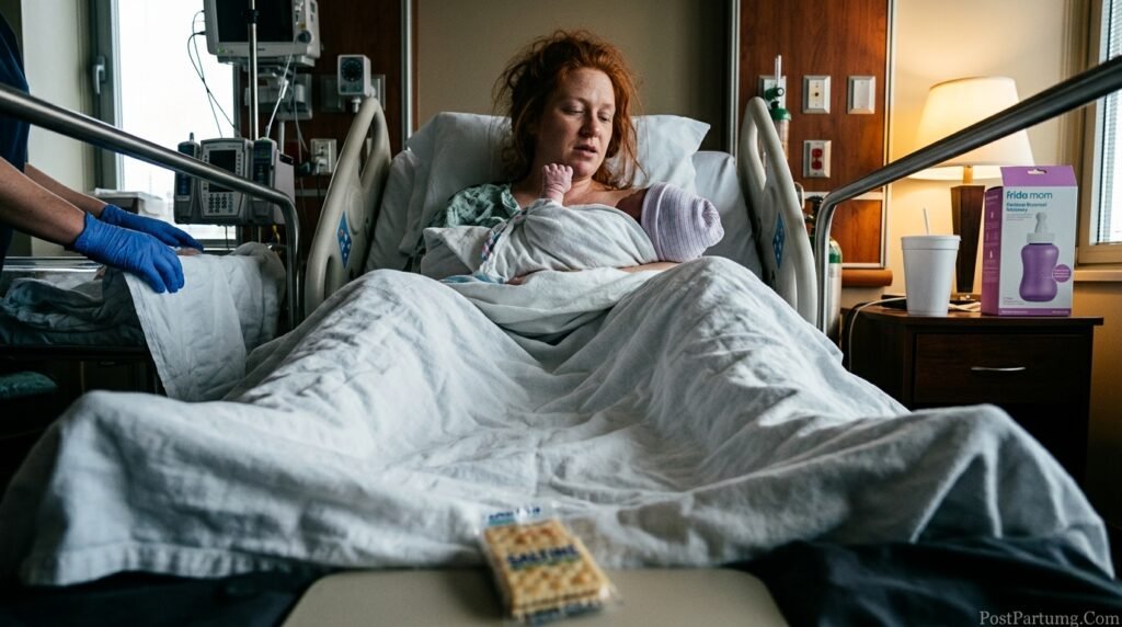 New mother in early vaginal birth recovery resting in hospital bed with newborn while care team monitors healing in first hours after delivery